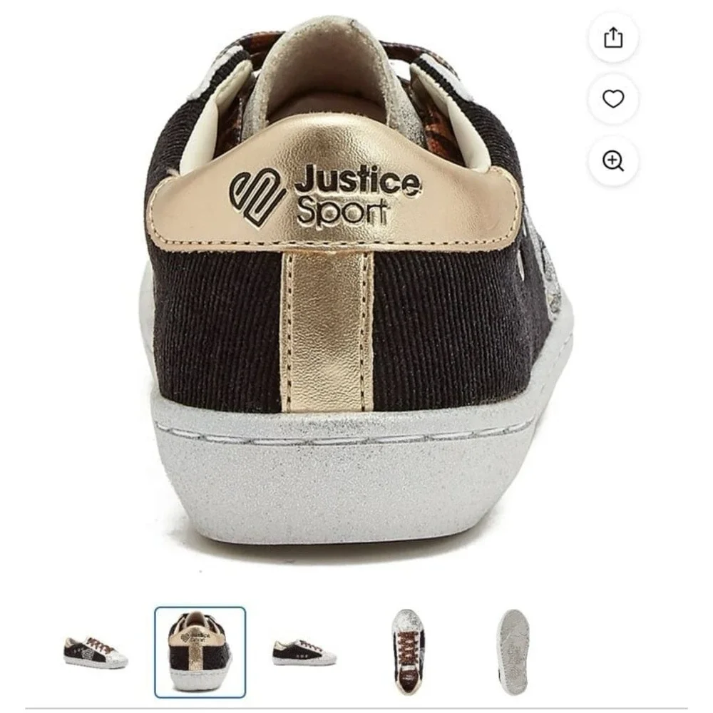 NEW Justice glitter leopard black and silver and gold Court Sneaker, Size 4 girl